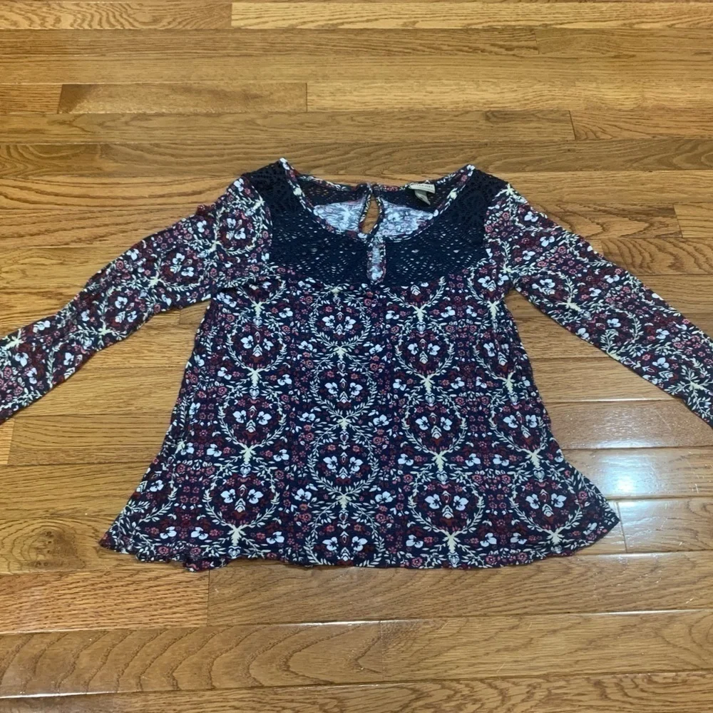 CAPE Juby Crochet Floral Blouse Blue Tassel Tie Long Sleeve Peasant Top size S